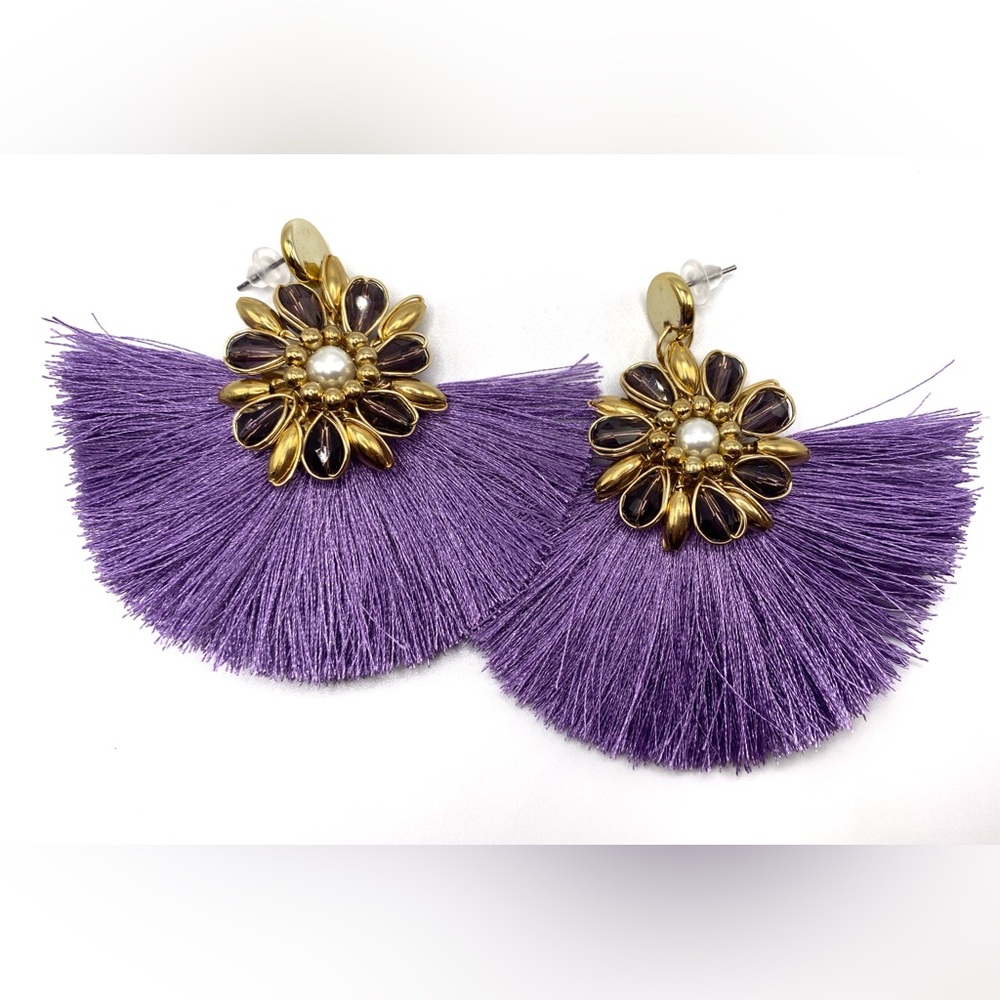 Purple, pink, cream, yellow flower handmade wirewrap earrings
